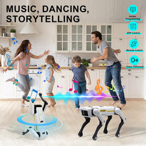 Interactive AI Robot Dog Toy engaging kids with music, dancing, and storytelling in a modern kitchen.