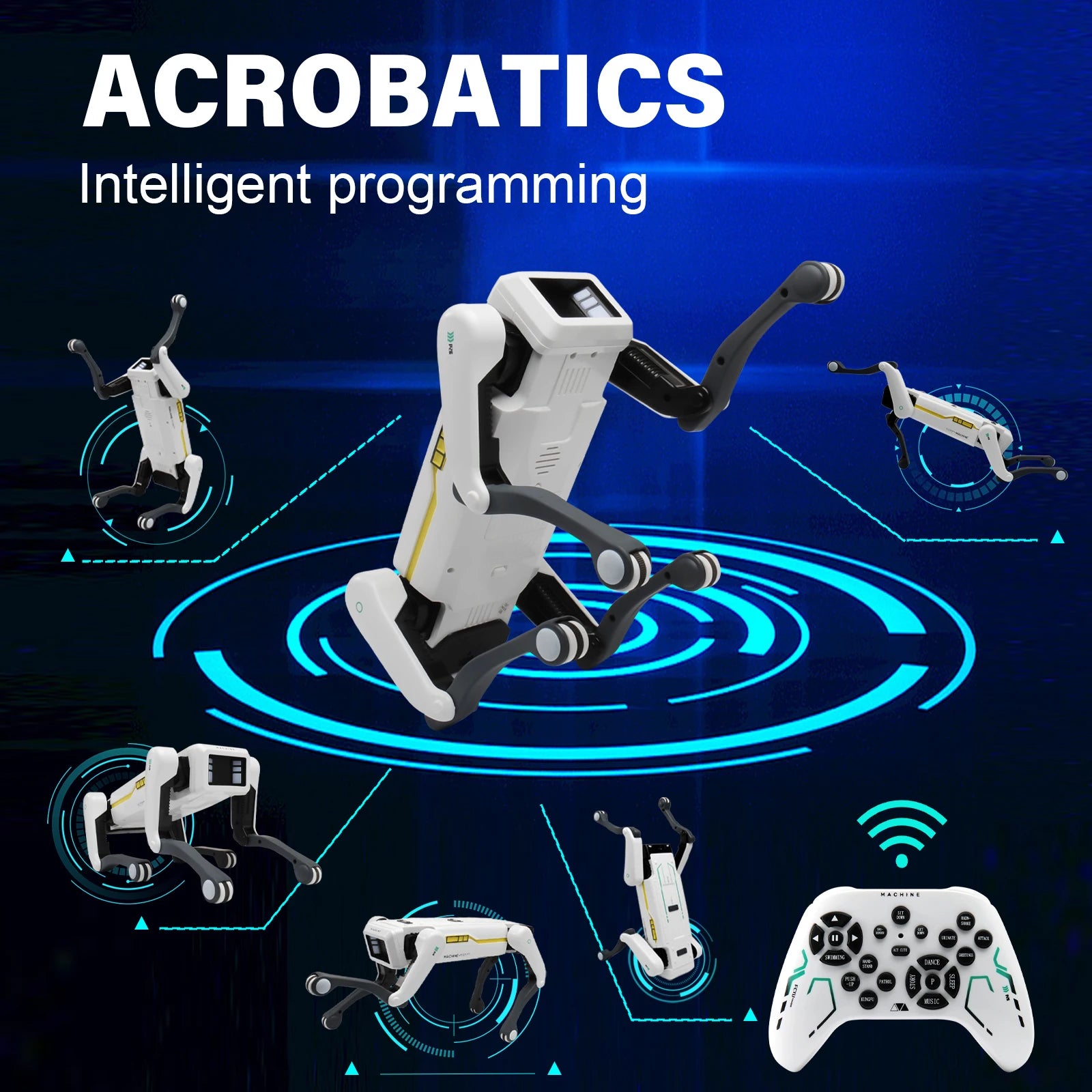 Interactive AI robot dog toy demonstrating acrobatics with intelligent programming and controller.