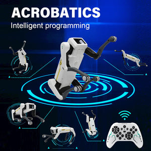 Interactive AI robot dog toy demonstrating acrobatics with intelligent programming and controller.
