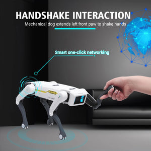 Interactive AI Robot Dog Toy extending paw for handshake with user, showcasing smart interaction features.