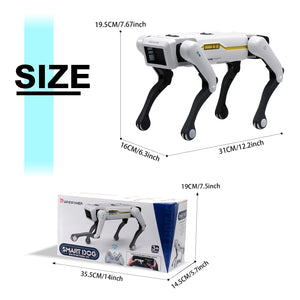 Size dimensions of the Interactive AI Robot Dog Toy, showcasing its compact design for kids.
